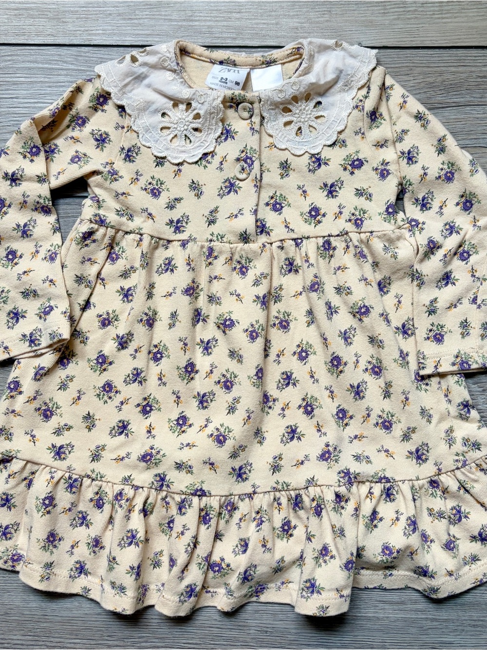 Zara Cream Dress with Purple Floral Print and Lace Collar